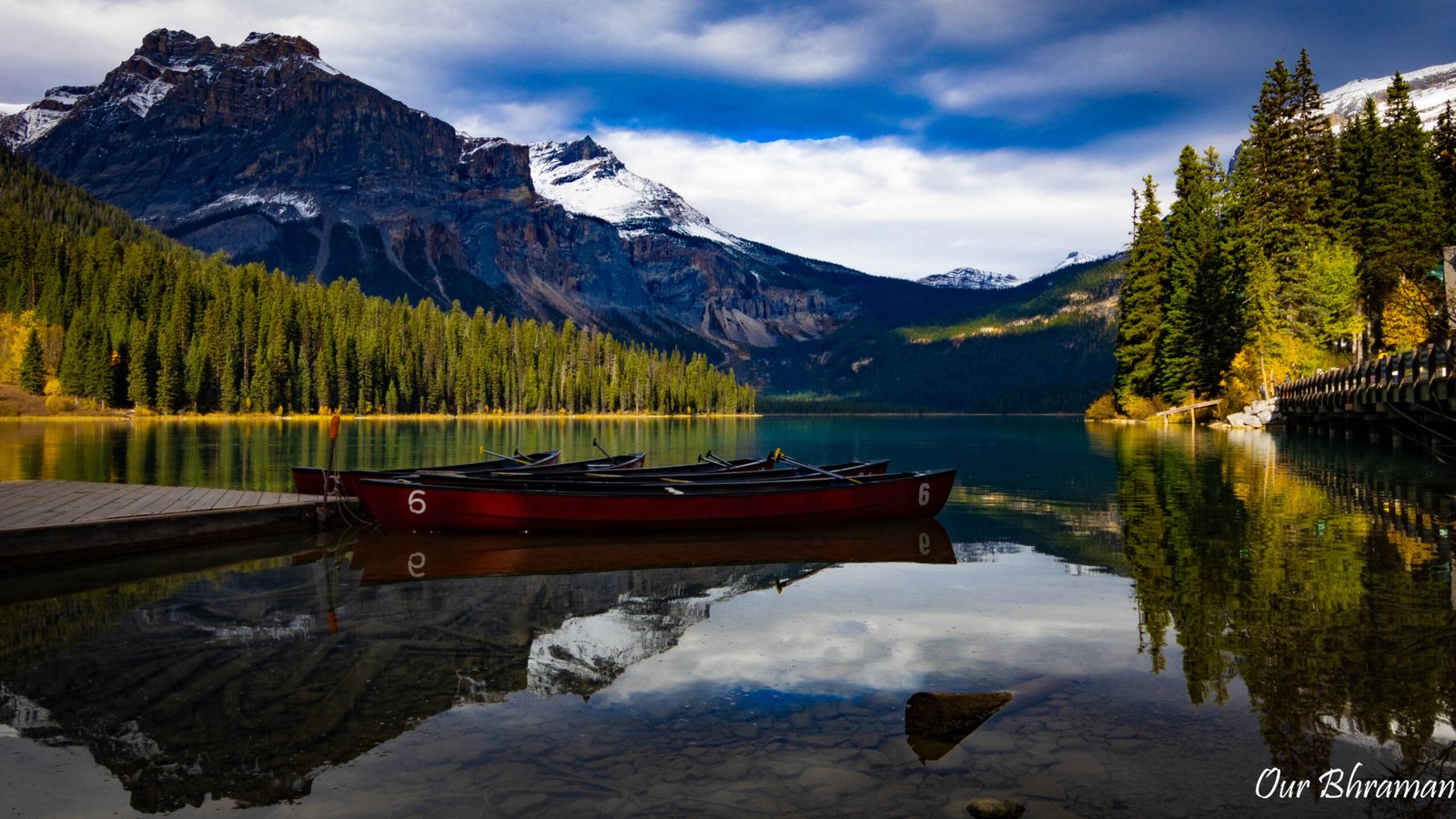 Several red canoes are moored at a wooden dock on the glassy, reflective waters of Emerald Lake, with a dense pine forest and towering snow-capped mountains under a blue sky at Yoho National Park, Canada.