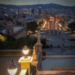 View from the National Art Museum of Catalonia (MNAC), looking down over Plaça d'Espanya in Barcelona, Spain