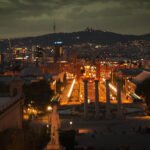 View from the National Art Museum of Catalonia (MNAC), looking down over Plaça d'Espanya in Barcelona, Spain